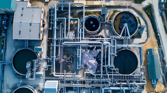 Aerial top view photo from flying drone of Power plant  Municipal Solid Waste Treatment Plant RDF Refuse Derived Fuel roof plan layout site : Generative AI