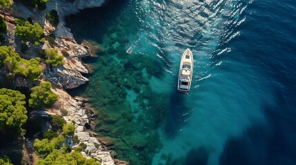 Aerial view of the speed boat in clear blue water at sunset in summer Top view from drone of fast floating yacht in mediterranean sea Travel in Oludeniz Turkey Tropical landscape with  : Generative AI