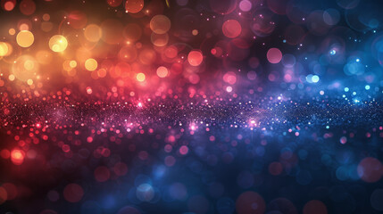 Abstract bokeh background with colorful blurred lights transitioning from warm reds to cool blues, creating a sparkle effect reminiscent of a festive atmosphere.