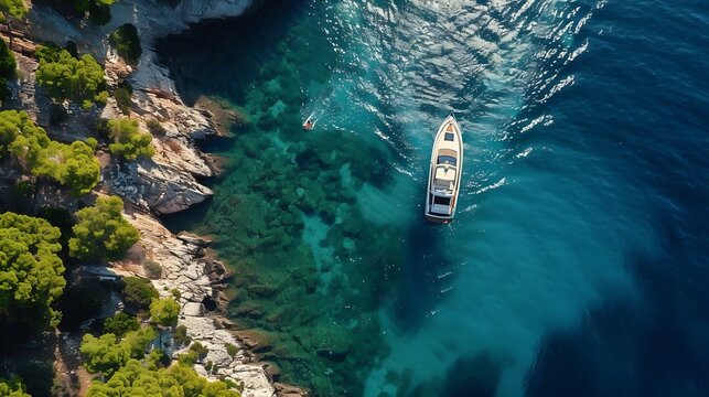 Aerial view of the speed boat in clear blue water at sunset in summer Top view from drone of fast floating yacht in mediterranean sea Travel in Oludeniz Turkey Tropical landscape with : Generative AI