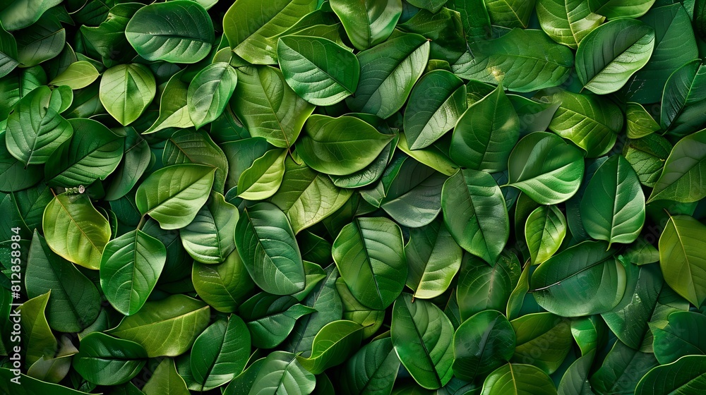 Poster creative layout made of green leaves flat lay nature background : generative ai