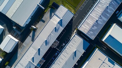 Aerial view of factory roof sheds revealing the architectural layout and industrial infrastructure Australia : Generative AI