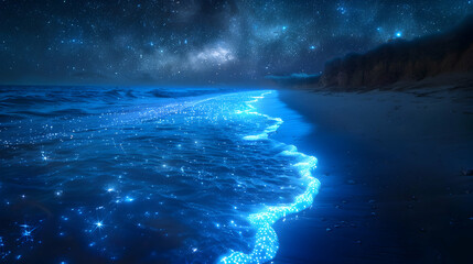 Bioluminescent Coastline: Serene Waves Reflecting Starlit Sky in Photo Realistic Concept on Adobe Stock