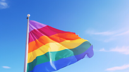 A vibrant rainbow flag fluttering in the wind against a clear blue sky.