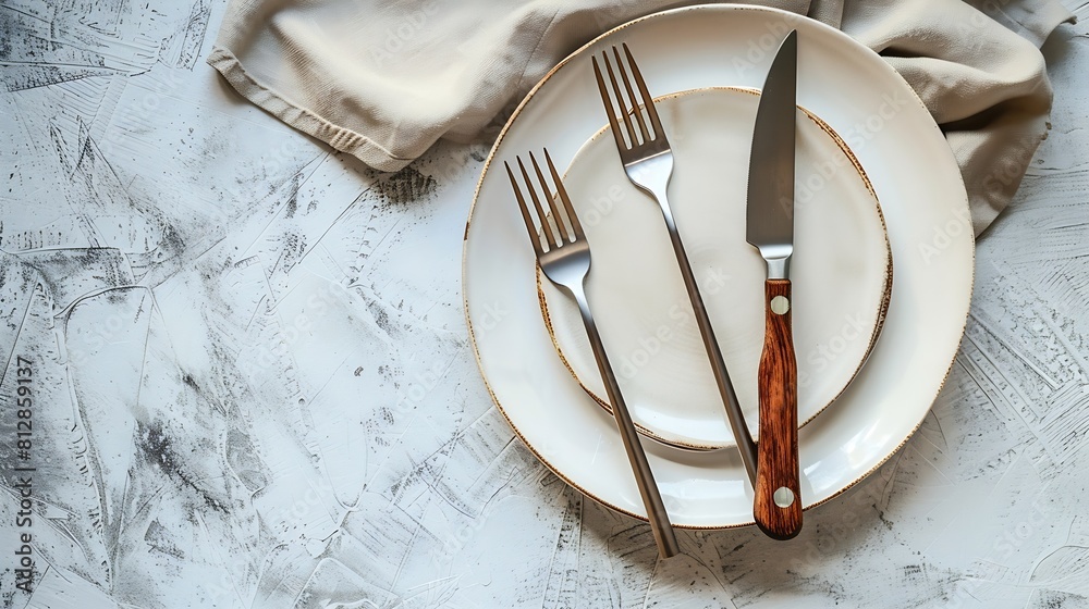 Poster White craft plate cutlery and napkin on white stone table knife and fork on beige napkin Top view copy space Table setting background for menu layout recipe background food flat lay : Generative AI
