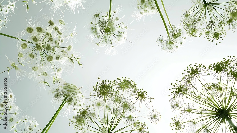 Poster flowering umbrella flowers of dill on a white background top view flat lay creative layout : generat