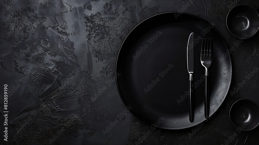 Poster black empty plate and cutlery fork and knife on a dark textured background Mockup concept for the design of a restaurant menu website or design long panoramic layout central compositio : Generative AI