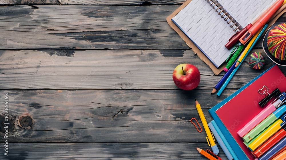 Aufkleber school stationery on wooden background back to school creative layout template with copy space flat 