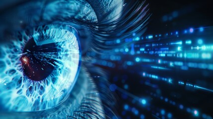 Blur is a concept that represents the future of technology in the field of cyber security with a background of blue eye and an abstract representation of high speed digital internet It show