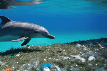 Fototapeta premium dolphin swimming through a sea of plastic waste, highlighting the urgent environmental issue of ocean pollution and its impact on marine life.