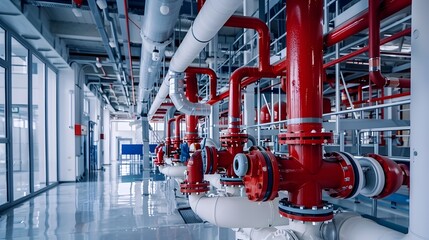 Advanced Fire Protection System in Modern High-Rise Building with Sprinklers and Alarms