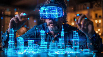 A person wearing a VR headset is immersed in a virtual reality experience, interacting with a futuristic holographic interface featuring 3D buildings and data visualizations.