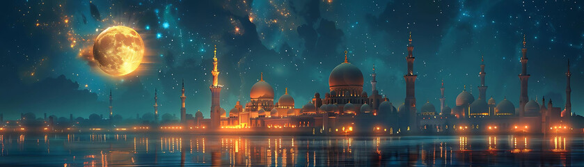 enchanting night scene at mosque with glowing golden light reflecting on calm water