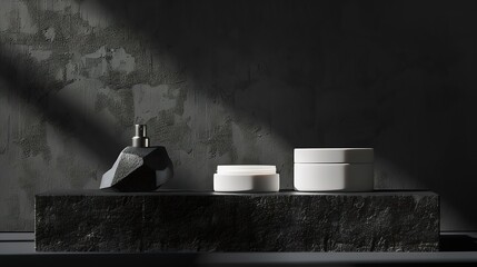 Dark stone podium for beauty and spa cosmetic brand product placement on black background wall Luxury granite natural material and neutral aesthetic bathroom shelf Minimal trendy mocku : Generative AI