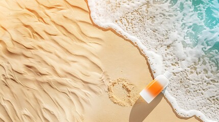 Sunscreen lotion on sandy beach as background top view copy space Summer vacation and skin care concept spf uvprotect cosmetic products : Generative AI