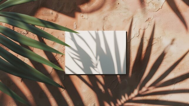 Summer modern sunlight stationery mockup scene Flat lay top view blank greeting card with palm leaf and branches shadow overlay on grunge terracotta background : Generative AI