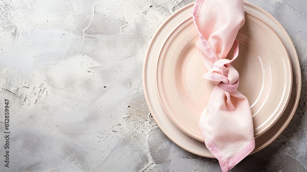 Poster Beige ceramic plates and a pink napkin on a beige stone table Top view copy of space Table setting menu background layout recipe background food flat layout : Generative AI