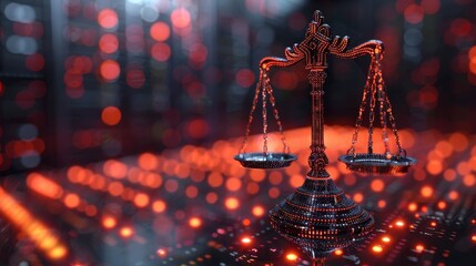 Digital Courtroom: Balancing Scales on Neon Data Center Background