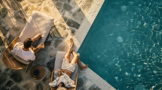 Couple enjoying drinks by the pool overhead view : Generative AI