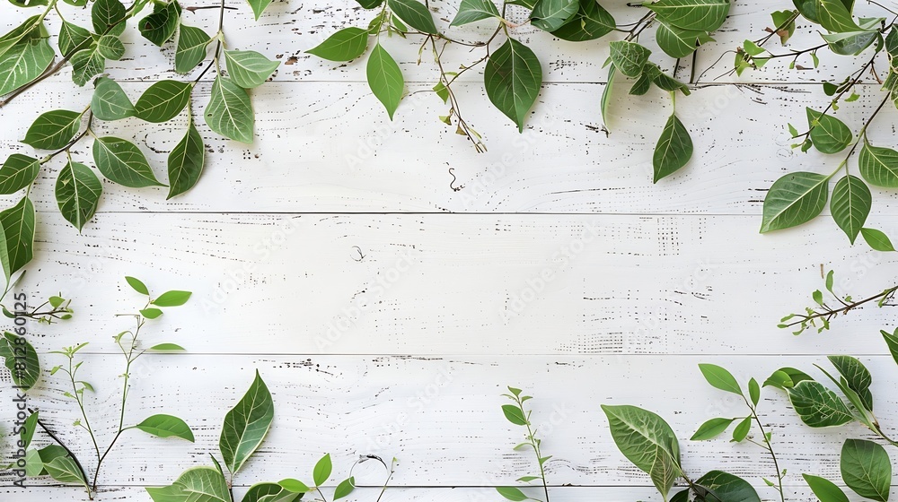 Poster Old white wooden background with green leaves top view copy space Spring twigs on shabby background frame flat lay : Generative AI