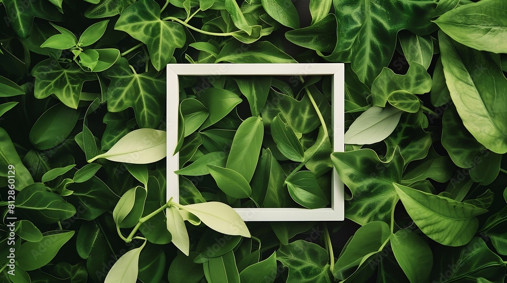 Aufkleber creative layout green leaves with white square frame flat lay for advertising card or invitation : g