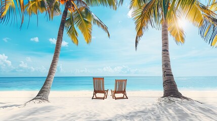 Beautiful tropical beach banner White sand coco palm trees couple chairs travel tourism wide panorama concept Amazing beach landscape Luxury island resort vacation holiday Sunny paradi : Generative AI