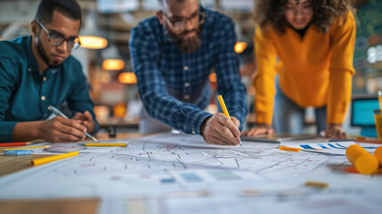Three professionals collaborating over a blueprint on a table, with focus on hands and drawing materials, in a well-lit, creative workspace.