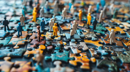 A multitude of miniature figurines are interspersed among pieces of an incomplete jigsaw puzzle, creating a blend of whimsical characters and scattered puzzle segments..