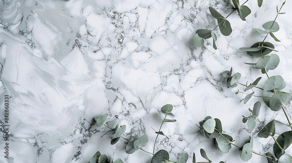 Aufkleber Marble paper blank eucalyptus branches on pastel gray background Flat lay top view square copy space : Generative AI