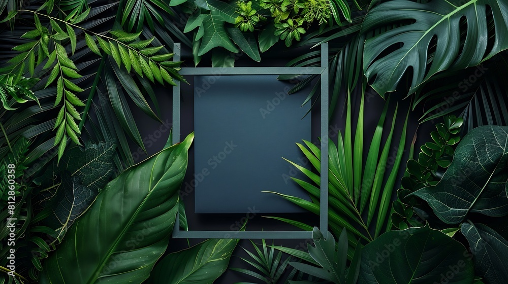 Wall mural square frame with leaves and square frame background creative layout made of tropical and leaves wit