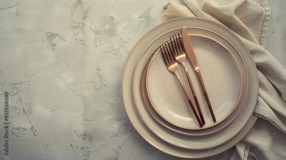 Poster from above sophisticated easter table setting featuring stacked ceramic plates rose gold cutlery and
