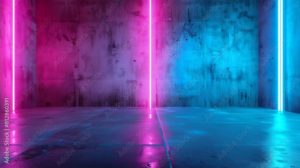 Poster dark empty room with pink and blue led lights on concrete wall and floor futuristic architecture int