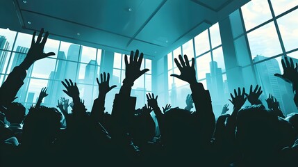 Silhouette Crowd Raising Hands for Corporate Meeting Agenda Vote