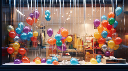 A window display filled with rainbow-colored balloons and streamers.