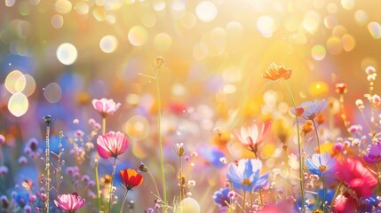 Colorful flower meadow with sunbeams and bokeh lights in summer - nature background banner with copy space - summer greeting card wildflowers spring concept hyper realistic 