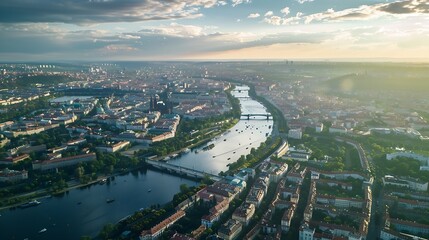 Obraz premium This drone photo offers an expansive aerial view of Pragues urban landscape showcasing the citys residential and commercial areas interspersed with greenery The image highlights the ci : Generative AI