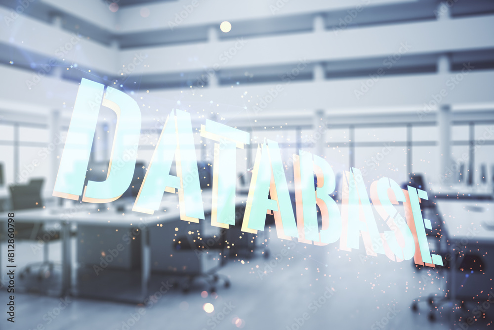 Poster double exposure of database word sign on a modern furnished office background, global research and a