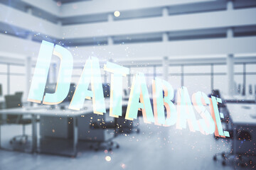 Double exposure of Database word sign on a modern furnished office background, global research and...