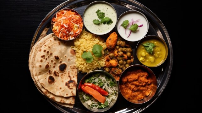  top-down view of a traditional Indian thali set, 