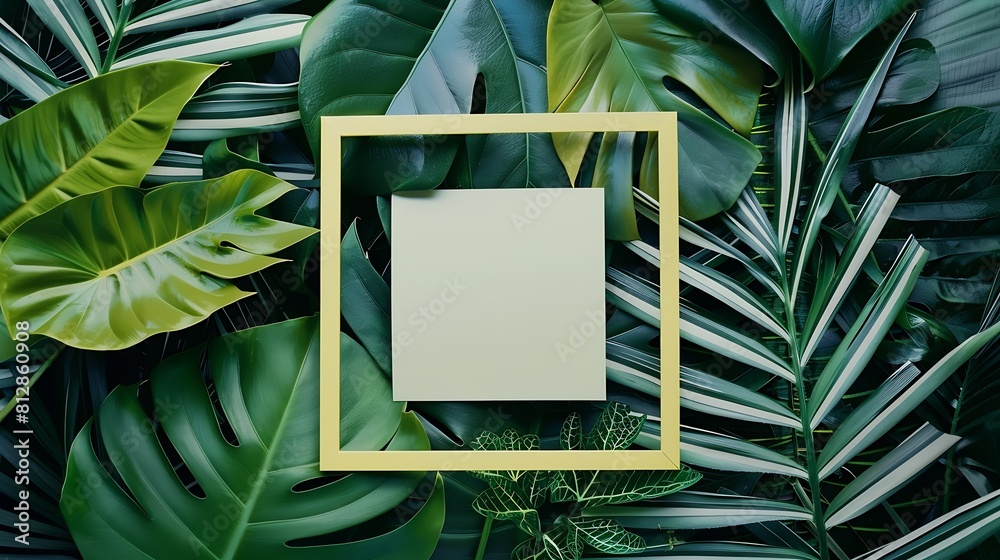 Poster square frame creative layout made of tropical leaves with paper card note flat lay nature concept su
