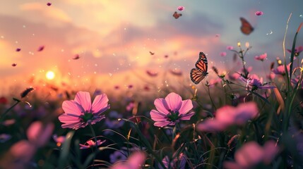 Cosmos blooming at dusk, beautiful butterflies flying around, colorful flowers and grass hyper realistic 