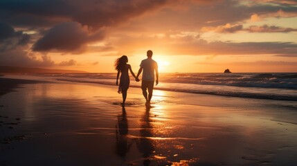 Fototapeta premium A young couple, walking hand-in-hand along the beach, with sunset i