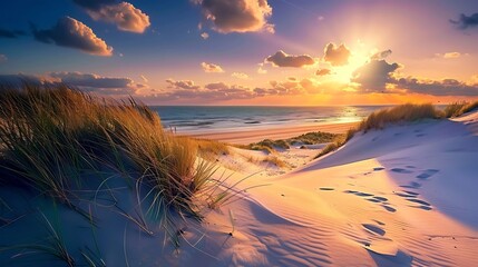 Inviting Sunset View over ocean from dune over North Sea and Canal in Ouddorp Zeeland Province the Netherlands Outdoor scene of coast in nature of Europe : Generative AI