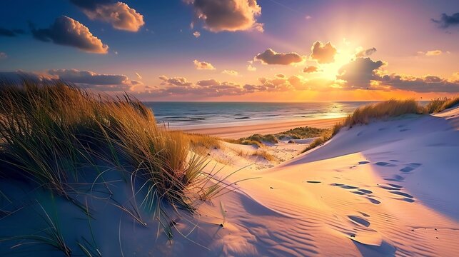 Inviting Sunset View over ocean from dune over North Sea and Canal in Ouddorp Zeeland Province the Netherlands Outdoor scene of coast in nature of Europe : Generative AI