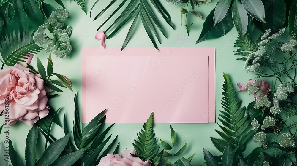 Poster creative layout made of flowers and leaves with paper card note flat lay nature concept : generative