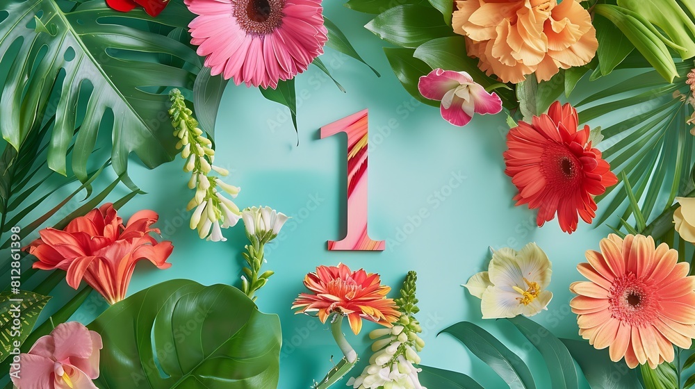 Poster creative layout with colorful flowers leaves and number one anniversary conceptflat lay : generative