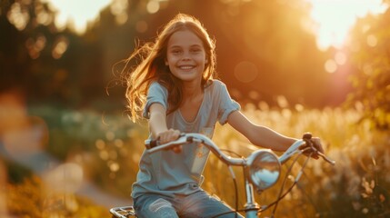 Cute teenage girl riding a bicycle in summer park. Cheerful teenager having fun on a bike on sunny evening. hyper realistic 