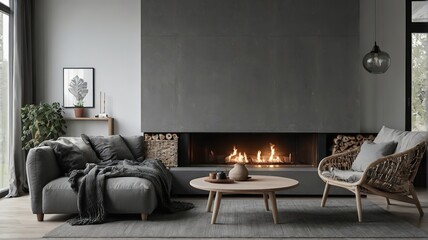 Grey color modern living room with fireplace