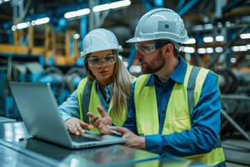 Two industrial workers wearing hard hats and high-visibility vests are discussing over a laptop in a manufacturing plant with machinery in the background.