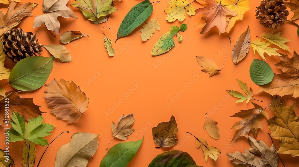 Aufkleber frame of different dry leaves on an orange background flat flat top view copy space autumn compositi